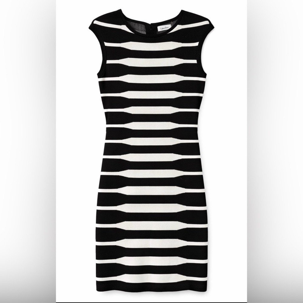 Calvin Klein Black White Striped Knit Sheath Dress Size Small Career Stretch